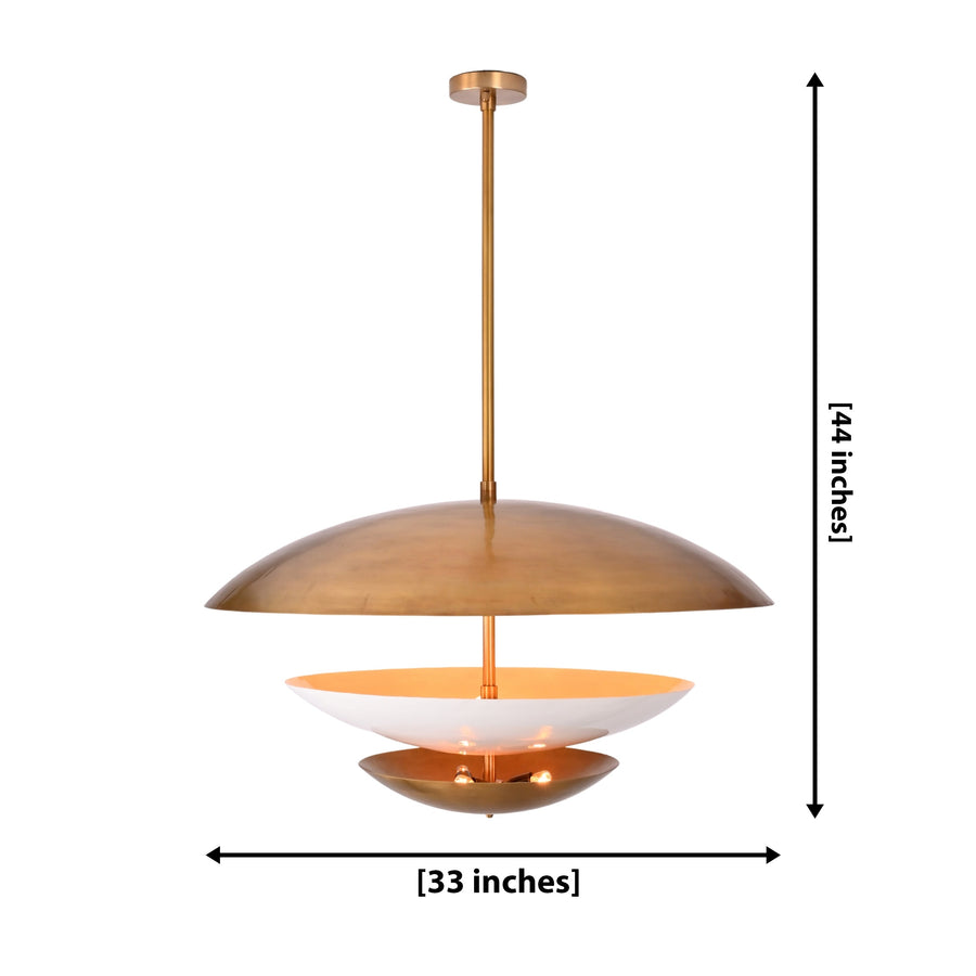 Layered disc pendant light dimension image showing 44 inch height and 33 inch width for size reference