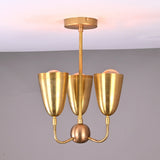 Main view of brass 3-light flushmount chandelier with sculpted cup shades and minimalist brass frame.