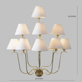 Dimension reference of brass wall chandelier showing 36-inch width and 39-inch height with layered shade arrangement.
