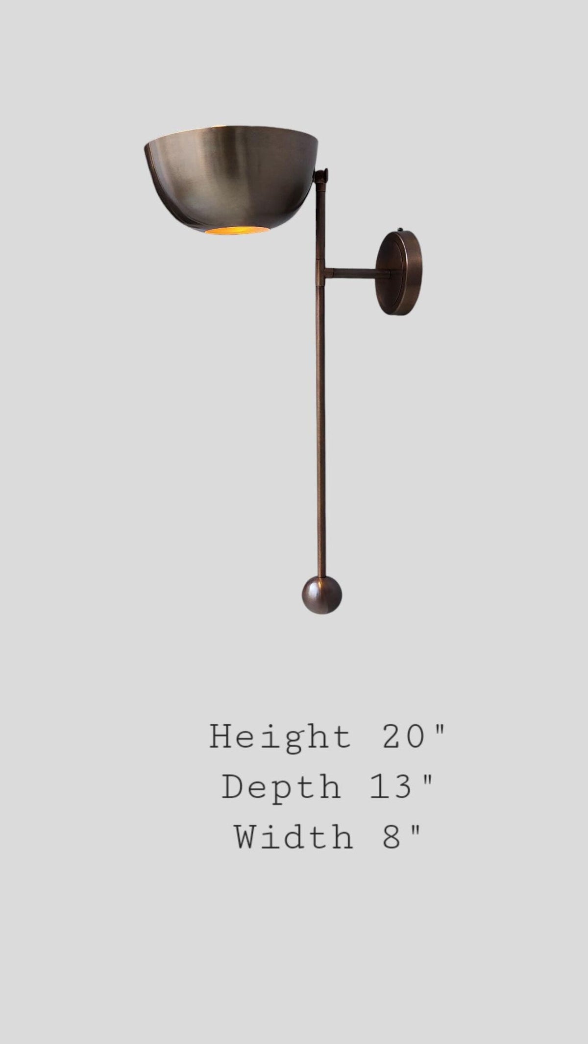 Brass wall light fixture with size dimensions showing 20 inch height, 13 inch depth, 8 inch width