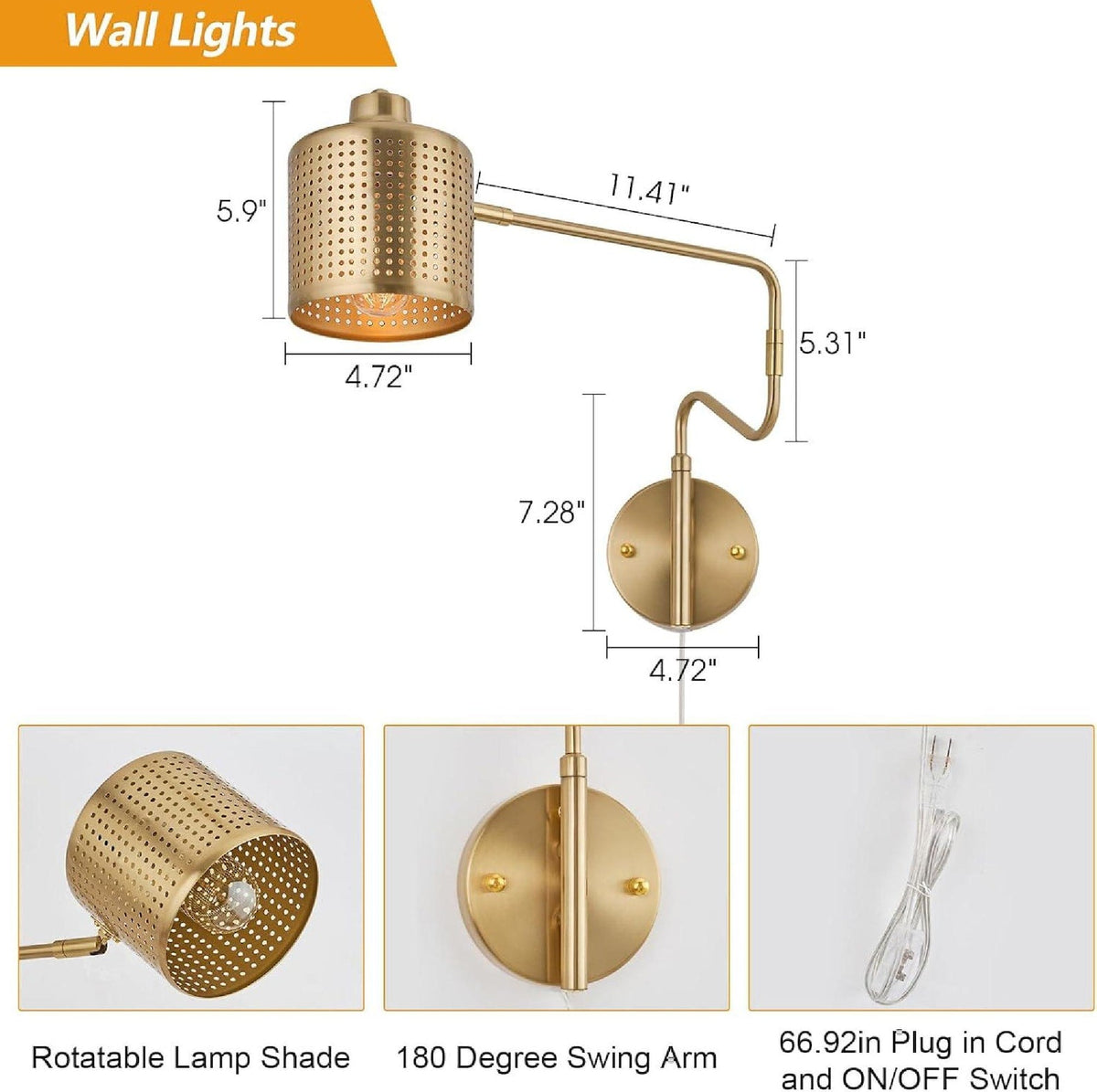Brass wall sconce with measurements, rotatable lamp shade, 180 degree swing arm and plug in cord detail