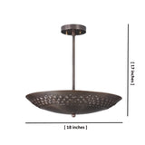 Front view of 18-inch brushed brass disc pendant with dimensions labeled