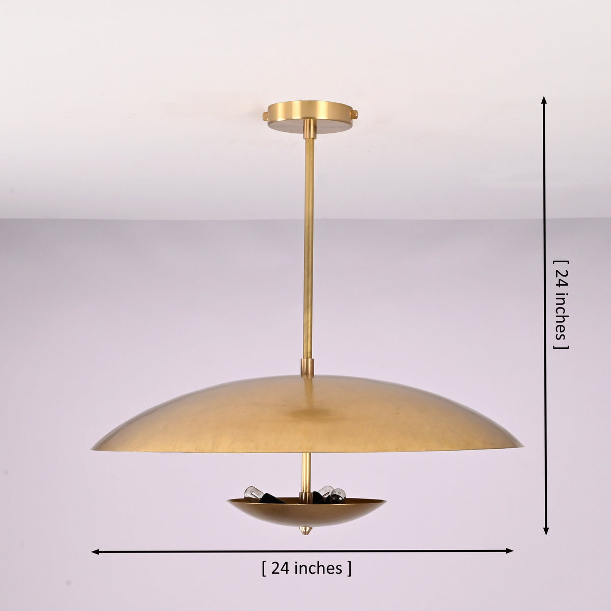 Brushed brass 3 light bowl pendant showing 24 inch width and 24 inch height with modern disc design.