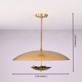 Brushed brass 3 light bowl pendant showing 24 inch width and 24 inch height with modern disc design.