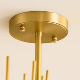 Close up of brushed brass ceiling canopy and suspension rod showing smooth lacquered finish and premium handcrafted brass construction.