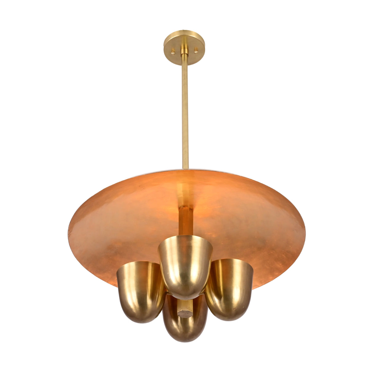 Bottom view of brushed brass disc chandelier with four bowl lights, handcrafted solid brass modern ceiling fixture
