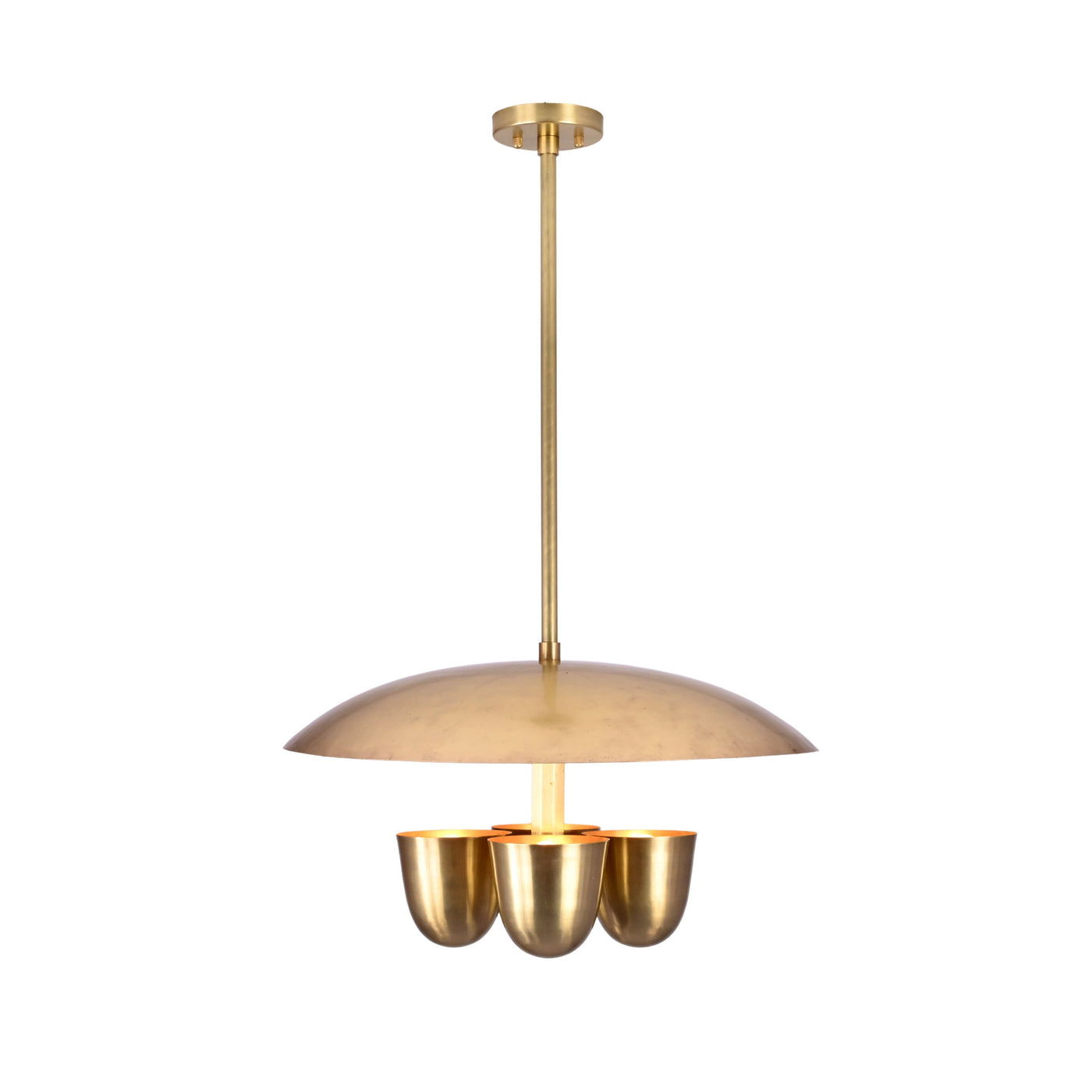Handcrafted brushed brass disc chandelier with four bowl shaped shades, modern industrial ceiling light with minimalist design