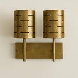 Brushed brass dual wall sconce with two cylindrical perforated shades, mid-century modern industrial wall light fixture