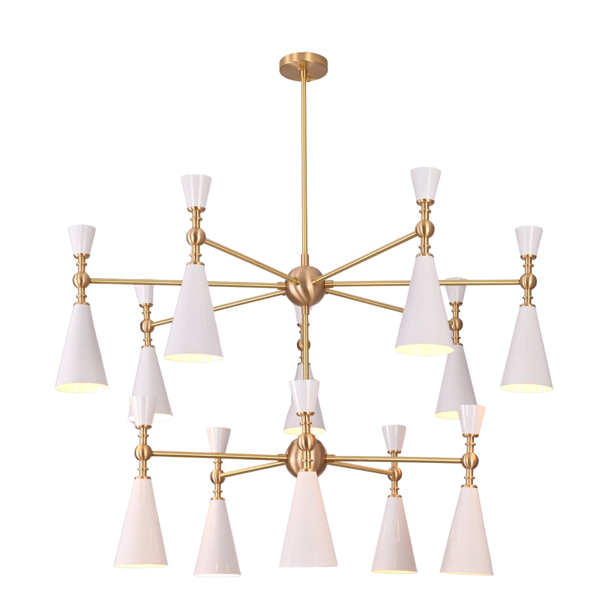Celeste 12-light two-tier cone chandelier with white enamel shades and brushed brass frame in a luxury living room interior