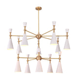 Celeste 12-light two-tier cone chandelier with white enamel shades and brushed brass frame in a luxury living room interior
