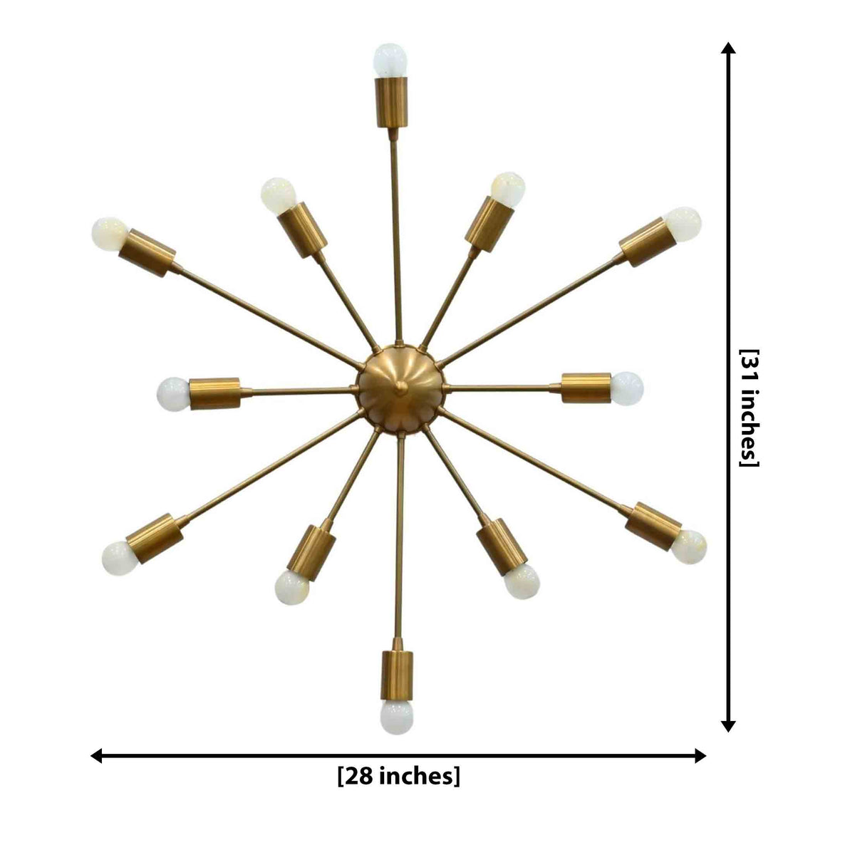 Chelsea 12-arm Sputnik brass wall sconce with brass patina finish and exposed bulb design for statement wall lighting