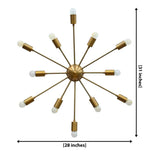 Chelsea 12-arm Sputnik brass wall sconce with brass patina finish and exposed bulb design for statement wall lighting