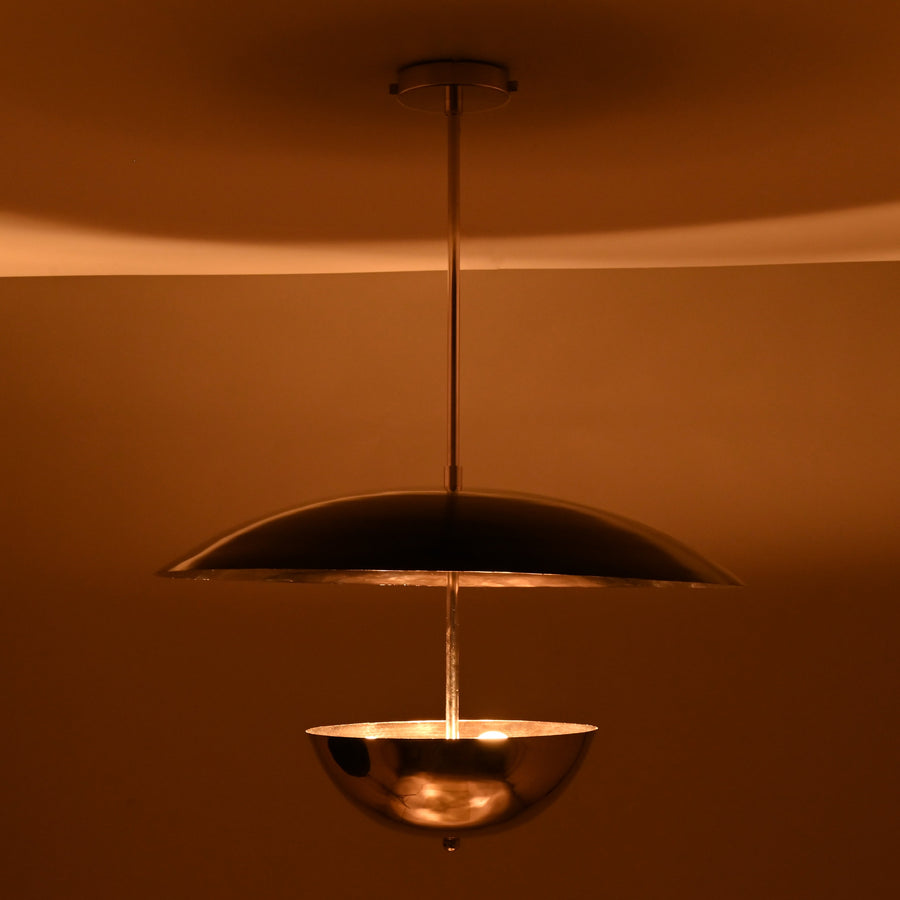24-inch chrome brass disc chandelier with upper wide dome and lower polished bowl pendant