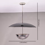 Chrome-plated brass disc chandelier showing 24-inch width and 32-inch height with suspended rod