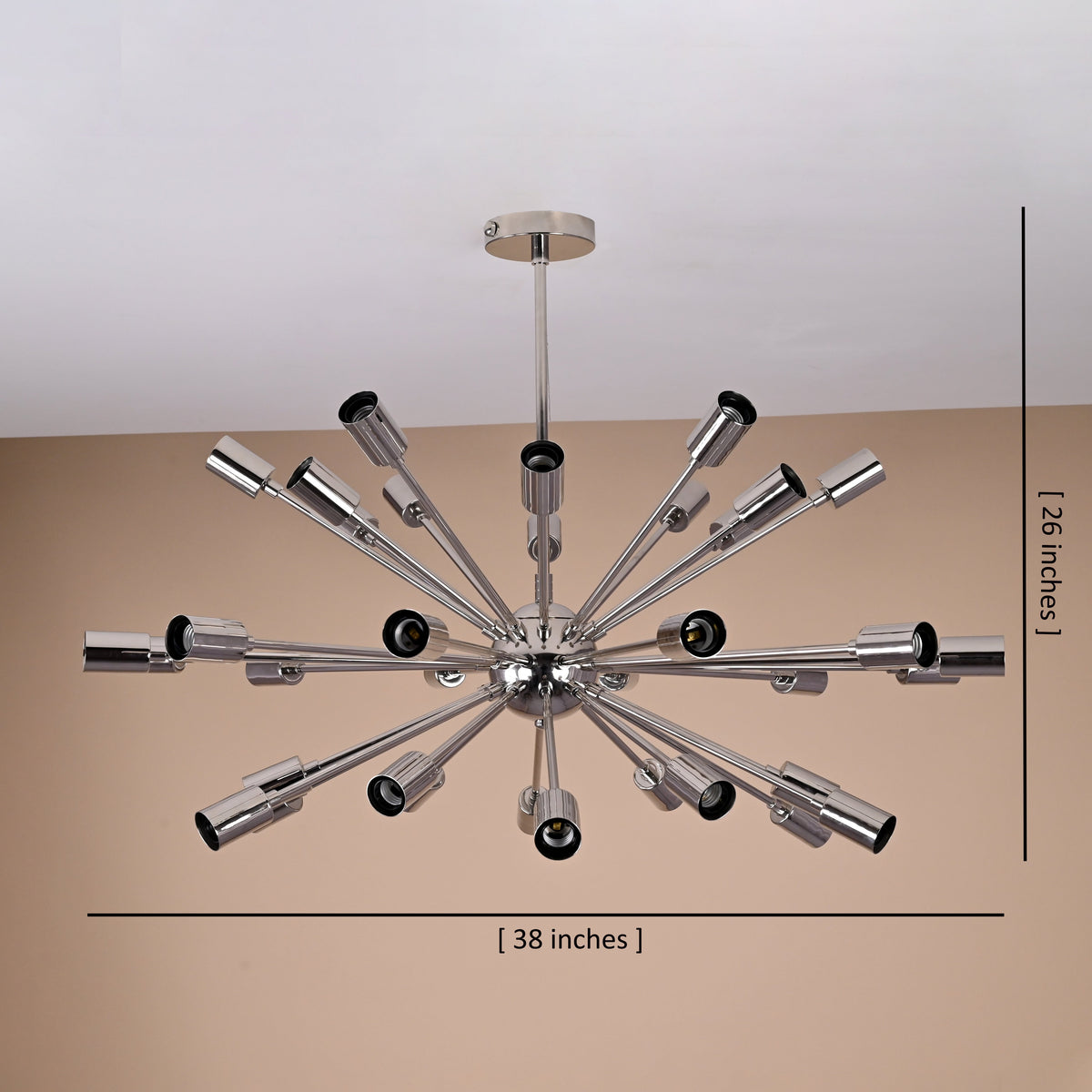 Chrome Sputnik chandelier showing dimensions with 38-inch width and 26-inch height handcrafted by Brass Leaf Studio
