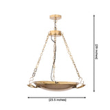 Closeup of classic brass bowl chandelier showing shallow dish shade, chain supports, round canopy, and polished reflective finish
