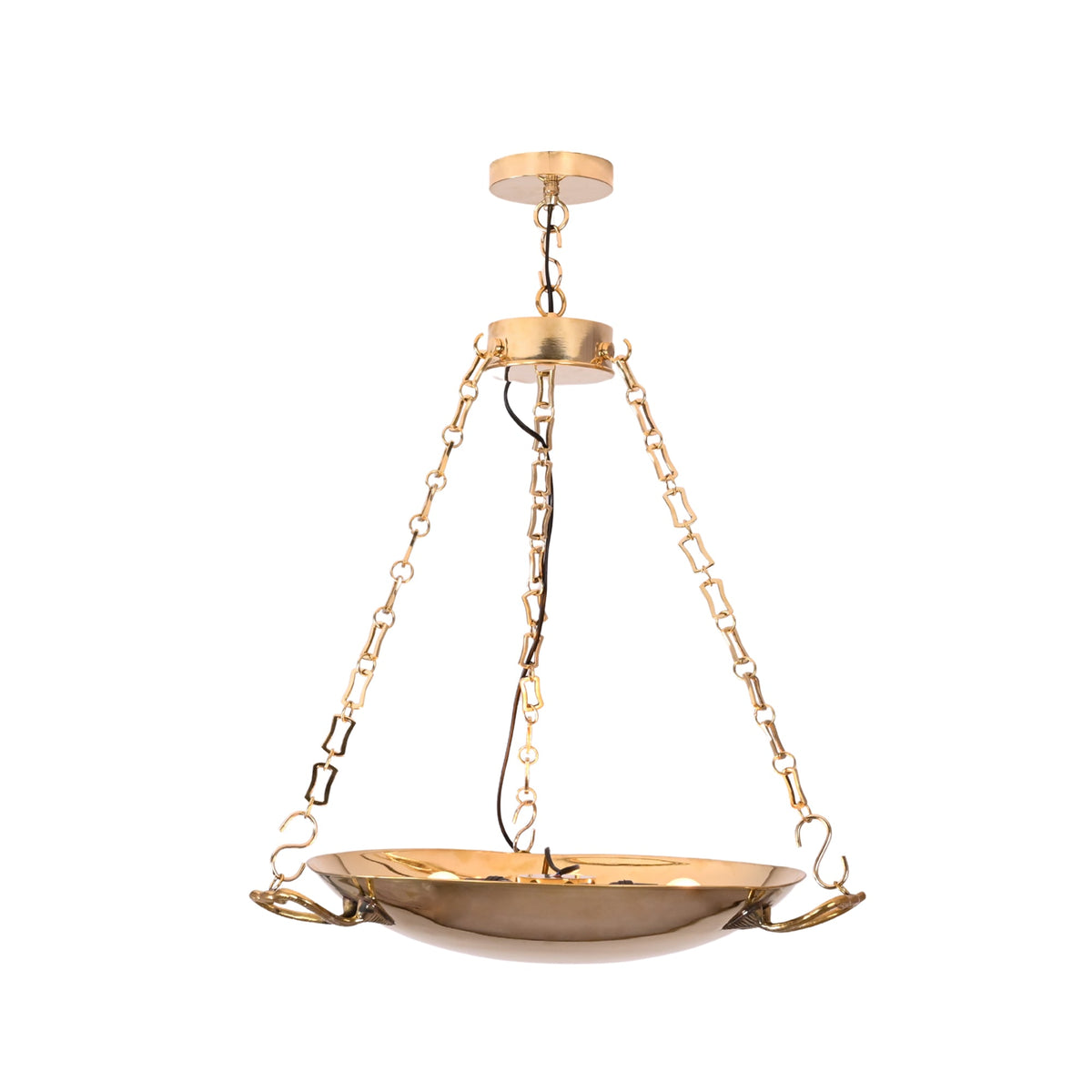 Classic hanging bowl light fixture with brass chain details and polished finish for dining room, entryway, and living room décor