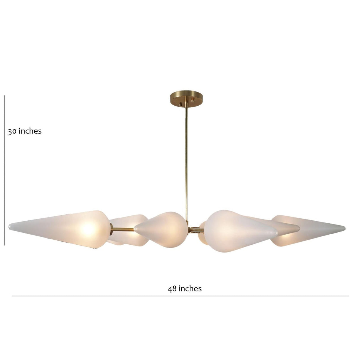 Dimension chart showing 48-inch wide and 30-inch high brass chandelier with frosted glass cone shades and adjustable height.