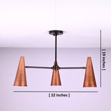 Copper cone chandelier showing 22 inch width and 19 inch height, three light modern ceiling design