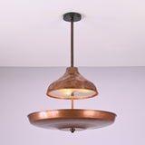 Underside view of handcrafted copper disc chandelier highlighting solid brass construction and smooth bowl form
