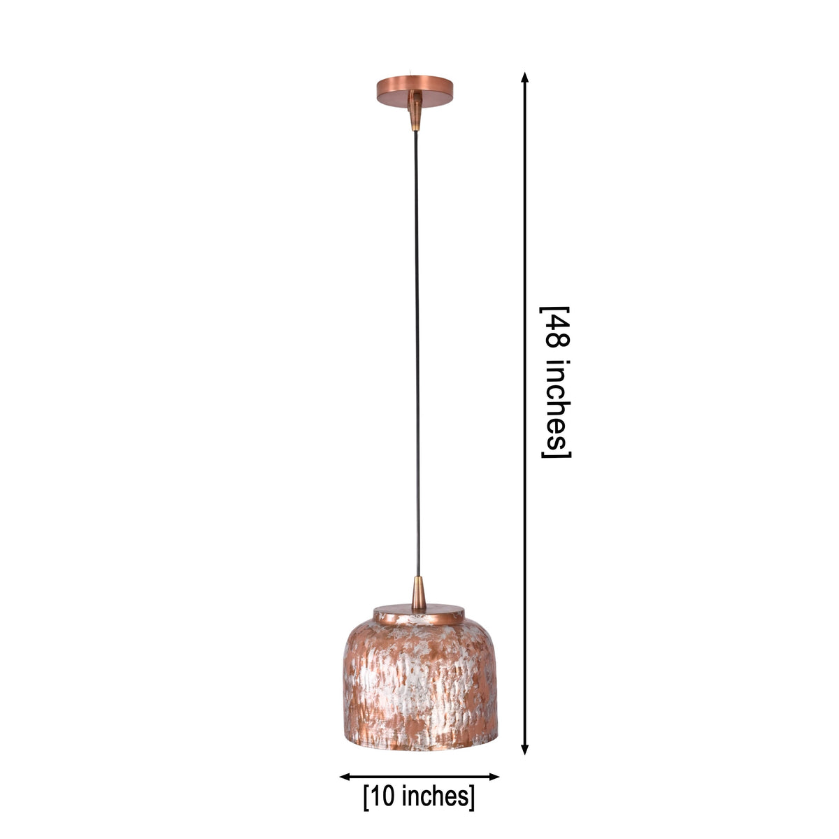 Single copper drum pendant light with distressed whitewashed finish, black cord, and round ceiling canopy