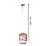 Single copper drum pendant light with distressed whitewashed finish, black cord, and round ceiling canopy