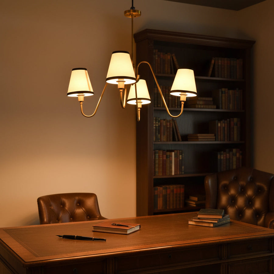 Classic 4-light chandelier with brass frame and fabric lampshades for dining room, bedroom, and living room lighting