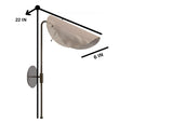 Dimensions diagram of curved brass wall lamp showing 22 inch height and 6 inch shade width