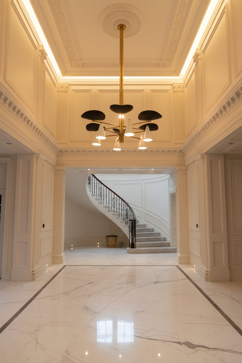 12-light brass mid century chandelier with sculptural arms, enamel painted shades, and elegant ceiling mounted design