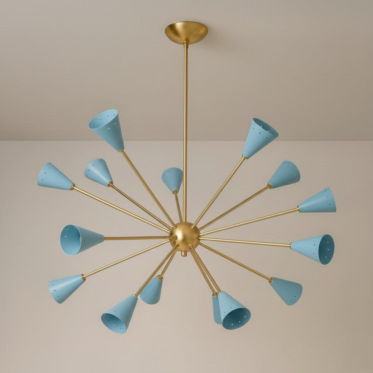 Custom brass Sputnik chandelier showcasing blue cone shade detailing and polished brass hardware