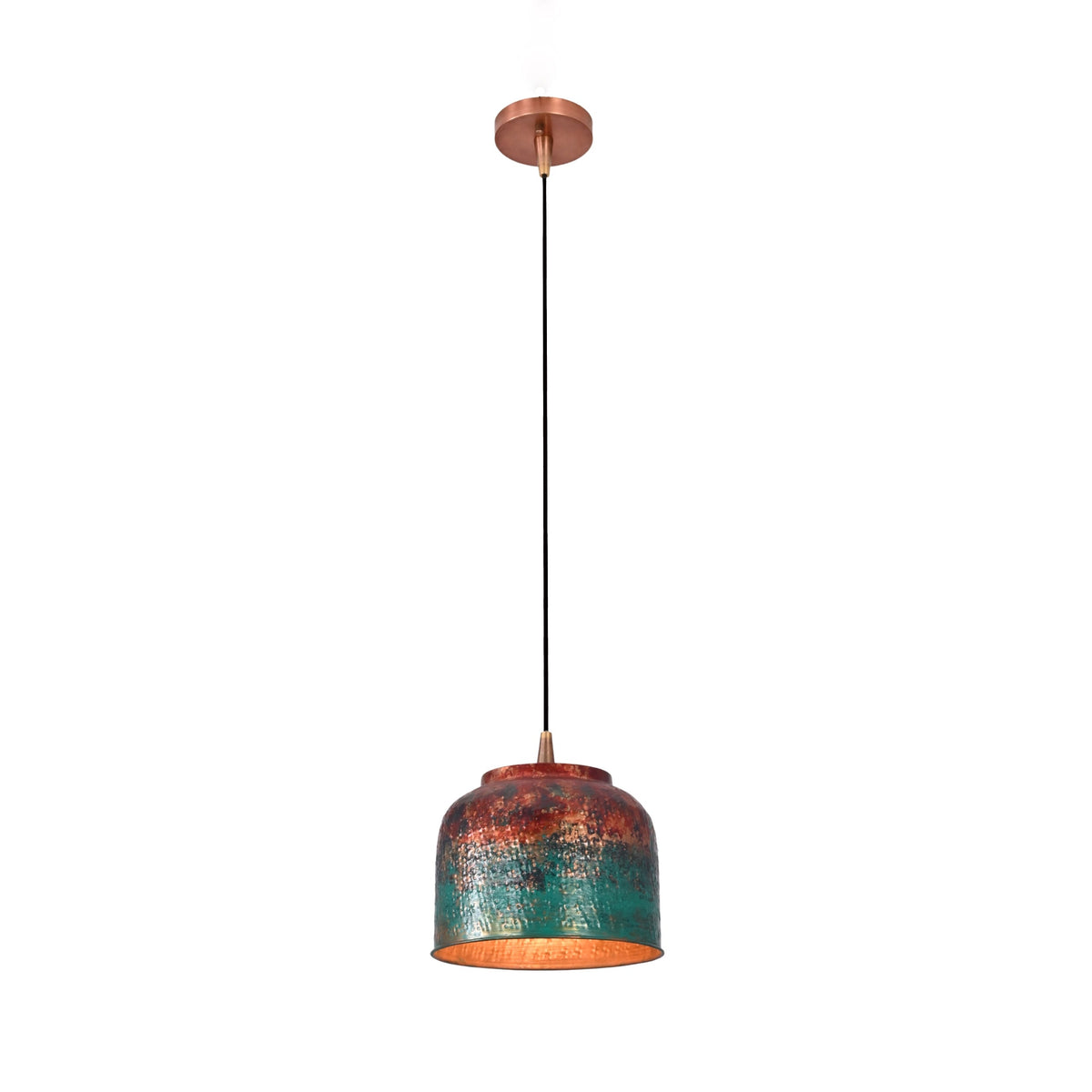 Custom copper drum pendant light with painted patina texture, ideal for dining rooms, kitchens, and boutique spaces