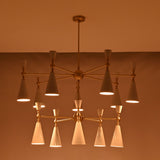 Customizable brass cone chandelier with white enamel shades, suitable for luxury homes, villas, hotels, and designer interiors