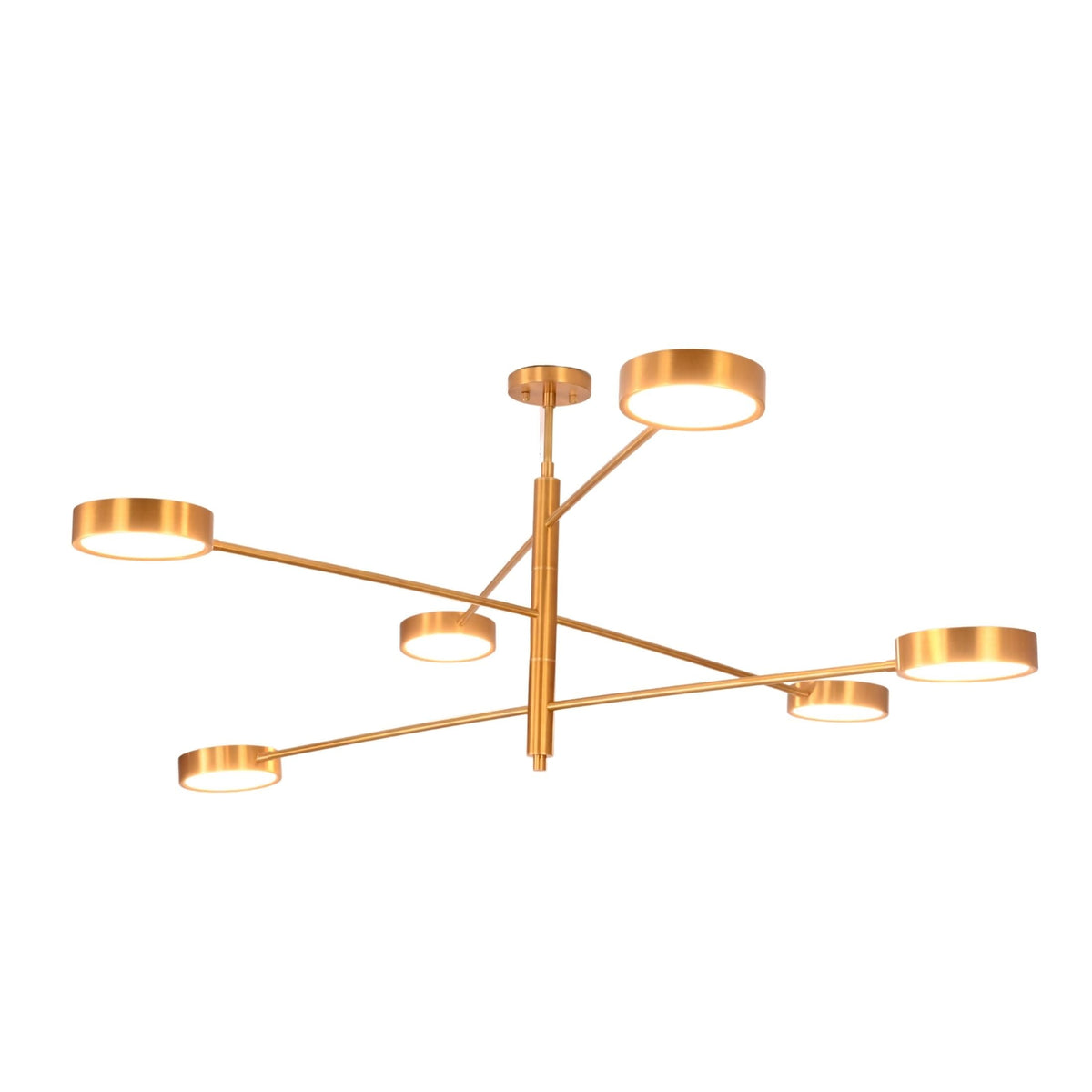 Customizable linear disc chandelier with solid brass rods, round light heads, and adjustable finish options