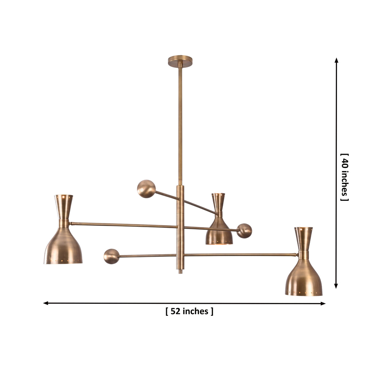 Diabolo 6-light brass chandelier showing dimensions of 52 inches width and 40 inches height, customizable handcrafted lighting fixture.