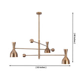 Diabolo 6-light brass chandelier showing dimensions of 52 inches width and 40 inches height, customizable handcrafted lighting fixture.