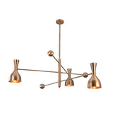 Diabolo 6-light brushed brass chandelier with sculptural arms and bowl-shaped shades, handcrafted in solid brass by Brass Leaf Studio.