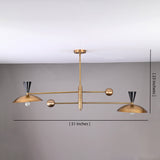 51-inch wide Diabolo brass chandelier with sculpted bowl shades and black conical tops shown with full product dimensions.