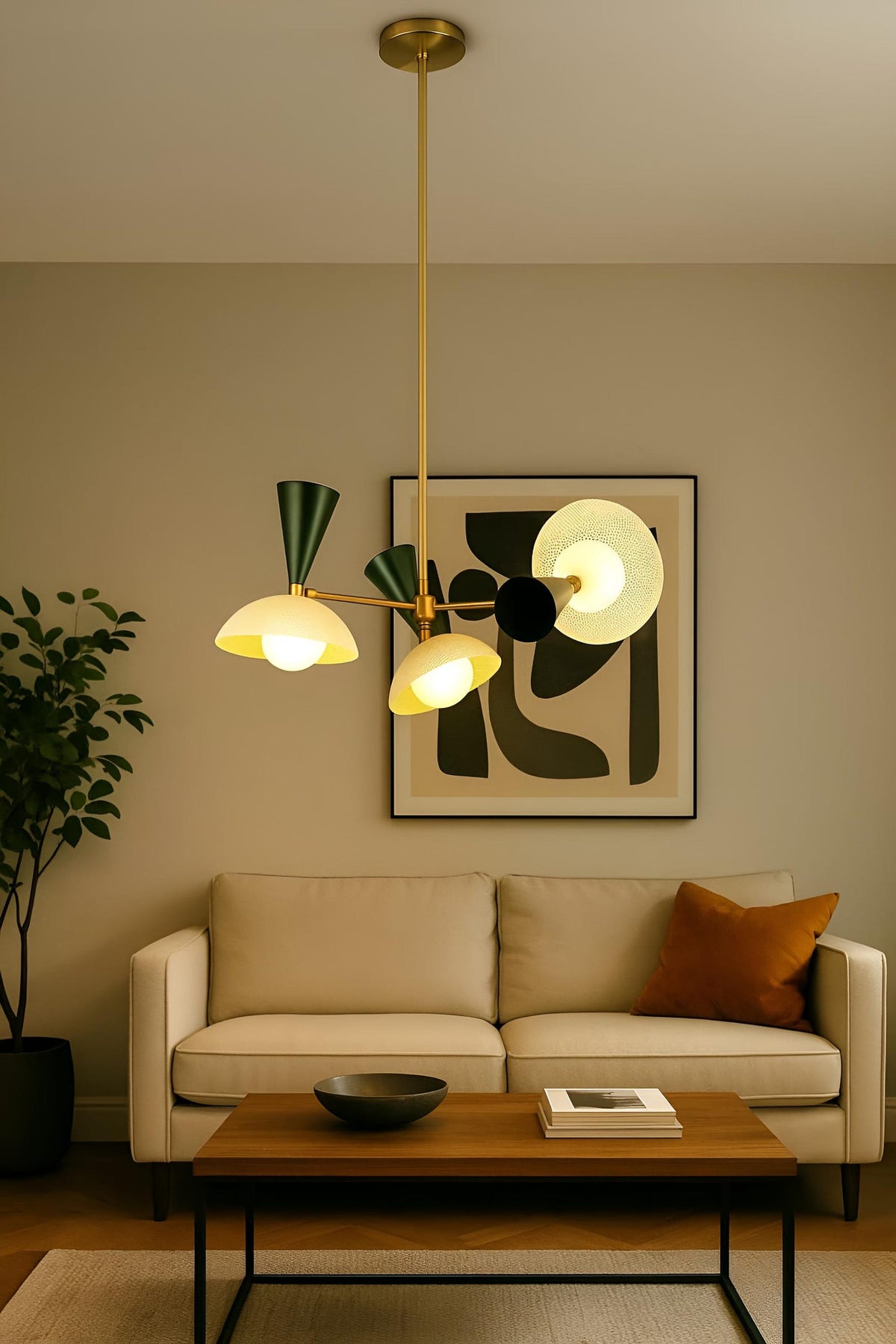 Diabolo style 6 light brass chandelier installed in a modern living room with warm ambient lighting