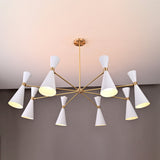 Elegant Diabolo chandelier featuring 16 white double-cone shades on a brass frame, modern designer lighting by Brass Leaf Studio.