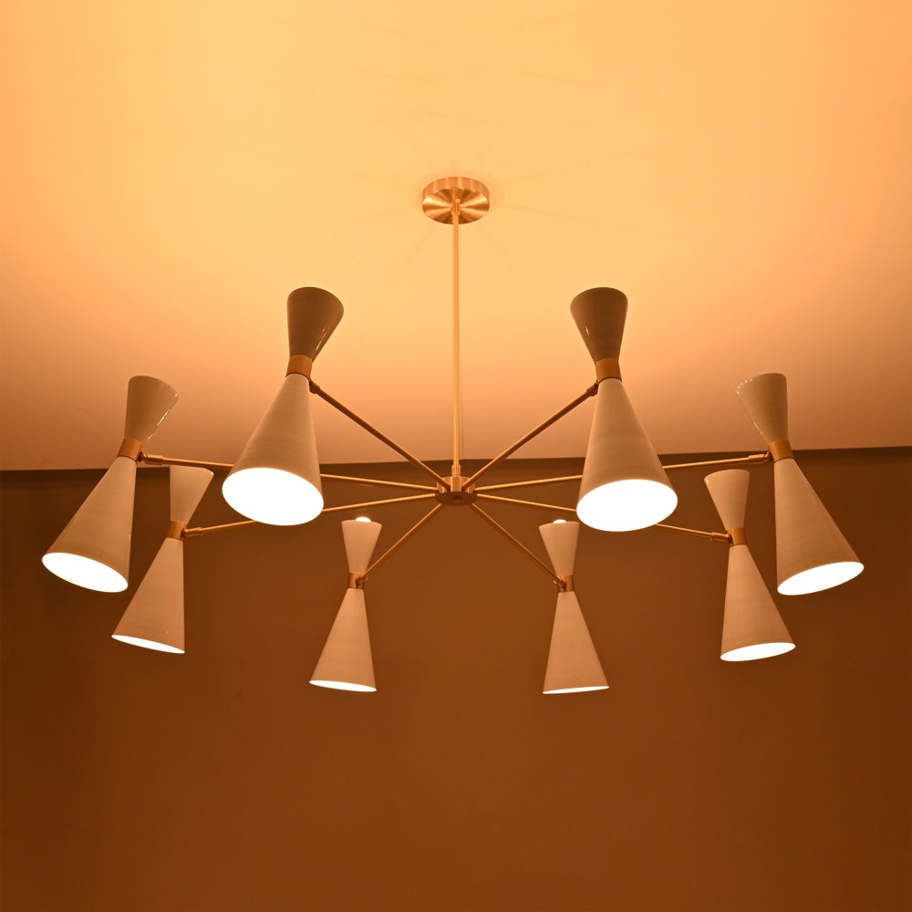 Diabolo chandelier 16-light in brushed brass with white cone shades – front view, modern mid-century ceiling light by Brass Leaf Studio.