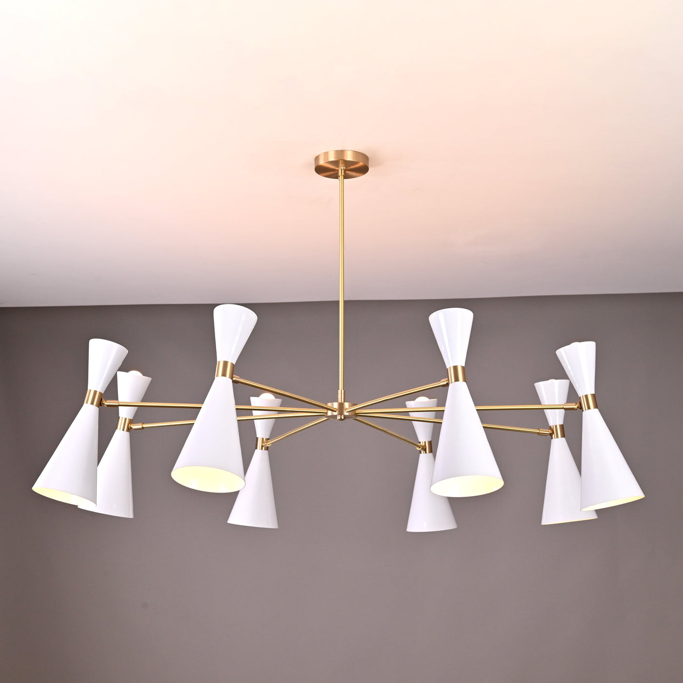 Modern Diabolo chandelier with 16 white cone shades and brushed brass frame, mid-century modern decorative ceiling light.