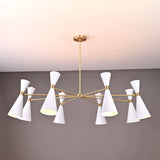 Modern Diabolo chandelier with 16 white cone shades and brushed brass frame, mid-century modern decorative ceiling light.