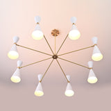Top view of 16-light Diabolo chandelier showing radial brass arms and white cone shades, modern mid-century brass ceiling light.