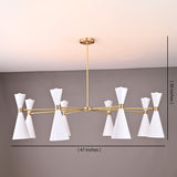 Diabolo chandelier 16-light with 47-inch width and 30-inch height dimensions marked, brushed brass with white cone shades.
