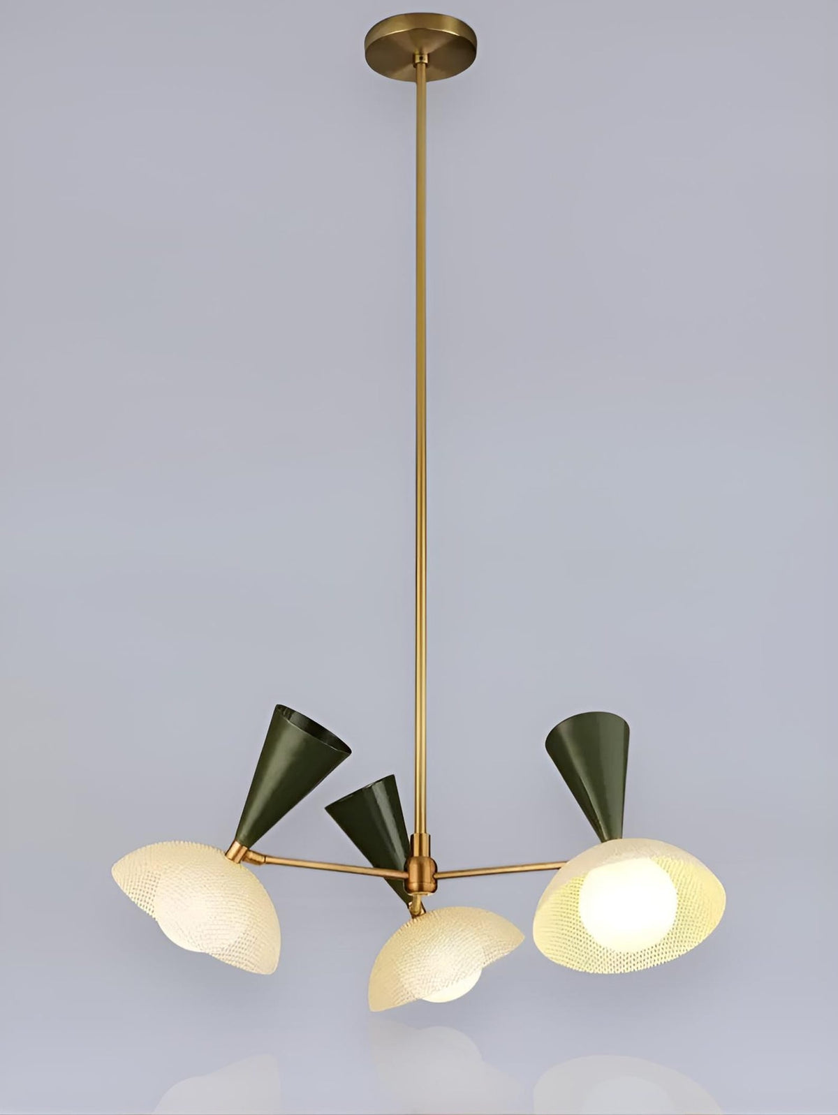 Illuminated Diabolo style 6 light brass chandelier showcasing warm ambient glow and textured glass shades
