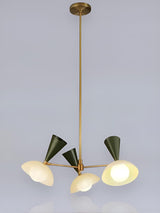 Illuminated Diabolo style 6 light brass chandelier showcasing warm ambient glow and textured glass shades