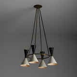 Diabolo style brass chandelier with cone-shaped shades and minimalist circular frame creating warm ambient lighting