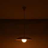 Dome disc pendant light with 20 inch shade and glowing 6 inch glass globe on dark background