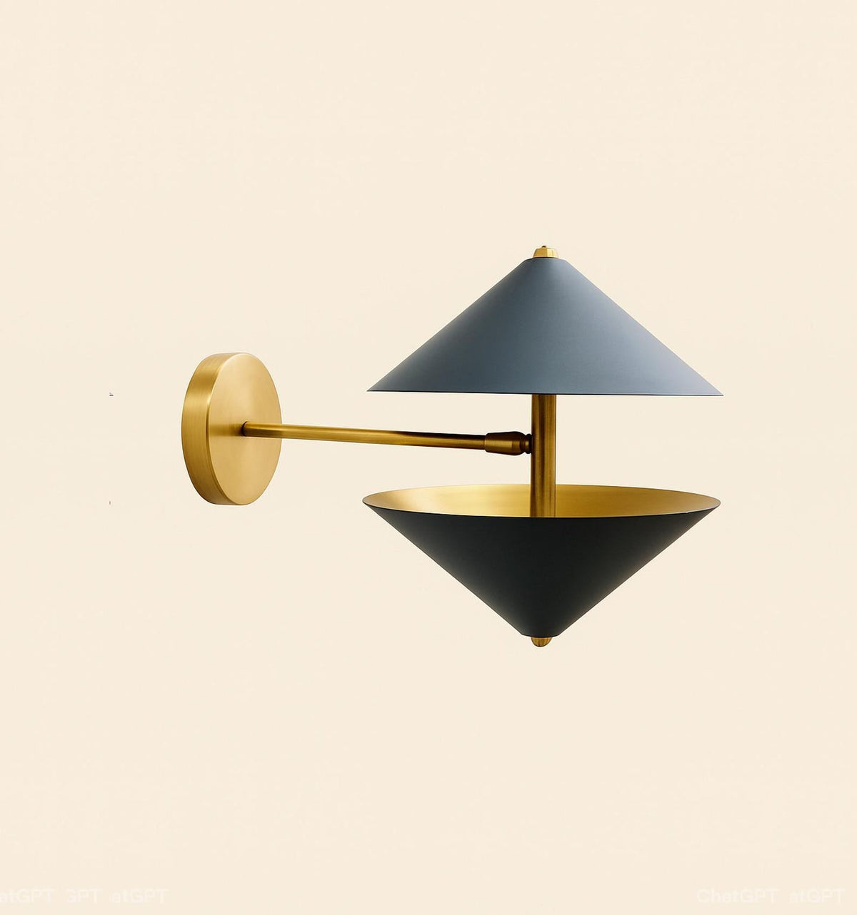 Side profile of black and brushed brass double cone wall sconce showing extended brass arm and circular wall mount plate.