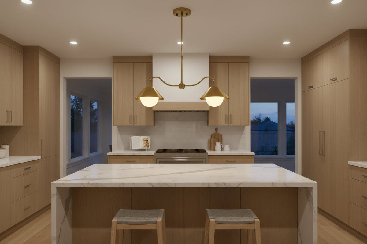 Dual G9 globe pendant lamp in brass patina finish shown illuminated with soft warm glow